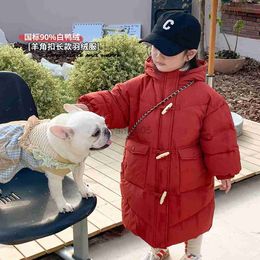 Down Coat Girls White Duck Down Padded Jacket Winter Children's Down Jacket Warm Long Hooded Jacket Horn Buckle Thickened Down Jacket HKD230725