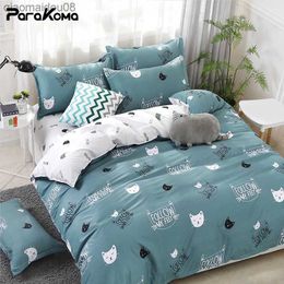 PARAKOMA Home Textile Cyan Cute Cat Kitty Duvet Cover Case Bed Sheet Boy Kid Teen Girl Bedding Covers Set King Queen Twin L230704