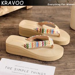 Slippers KRAVOO New Braided Flip Flops Shoes for Women Ethnic Slippers Platform Wedges Thong Sandals Ladies Outdoor Beach Slides Summer L230725