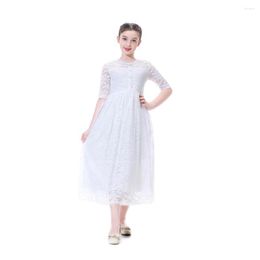 Girl Dresses Flofallzique European And American Style Princess Dress Round Neck Seven Sleeves White Lace For Celebration Party Wedding