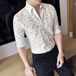 Men's Casual Shirts Sexy Lace Hollow Floral For Men Clothing 2023 Simple All Match Breathable V Neck Slim Fit Half Sleeve Tuxedo Dress