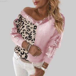Women's Sweaters Leopard Stitching Knitted Women Fashion V-neck Sequin Temperament Elegant Pullover Tops Pull Femme Hiver Clothing L230725