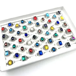 Wholesale 100pcs Retro Ring Antique Silver Plated Multicolor Stone Glass Vintage Jewellery Rings for Men Women Party Gifts