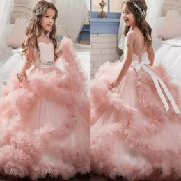 Unique Designer Blush Pink Flower Girls Dresses 2017 Ball Gowns Cascading Ruffles Long Pageant Gowns for Little Girl MC12902588
