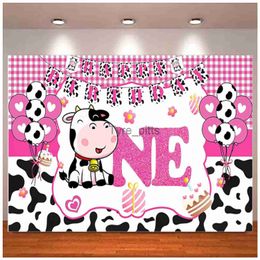 Background Material Pink Bull Banner Happy First Birthday Party Decoration Background Girl Farm Animal Baby Shower Supplies Background x0724