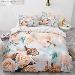 Pink Rose Floral Flower Butterfly Quilt 3Pcs King Full Size Duvet Cover Bedding Linen Set Bedspread For a Child 200x200 240x220 L230704