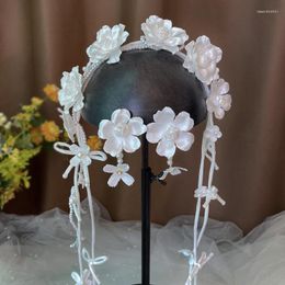 Hair Clips Bride White Pearl Band Mori Flower Hoop Earring Set Wedding Decoration