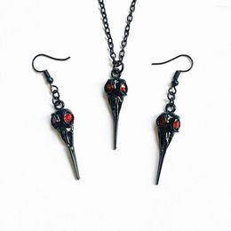 Necklace Earrings Set Black 3D Raven Skull With Red Beads Vintage Gothic Steampunk Fun Gift