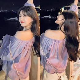 Women's T Shirts Zhao Lusi With The Same Design Sense Of A Small Number Purple One-line Shoulder Shirt Fashion Age Reduction Chic