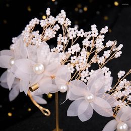 Hair Clips Floral Beaded Headband Set Bridal Fairy Hoop And Dangle Earrings Soft Tie Closure Mesh Petal For Bride Women DIN889