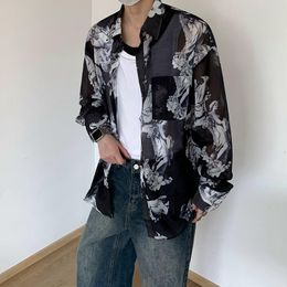 Men's Casual Shirts Summer Long Sleeved Shirt Men Fashion Society Mens Dress Korean Loose Ice Silk Oversized Printed M-2XL