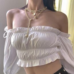 Women's T Shirts Pure Cotton Pleated Lantern Long-sleeved Sexy One-word Neckline Wrapped Chest Party Top Women Strapless Ruffled Ladies