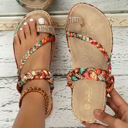 Slippers New Summer Women Beach Bohemian Print Flip Flops Fashion Flower Rhinestone Weave Gladiator Non-slip Slides Slipper Shoe L230725