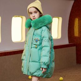 Down Coat New children's down jacket Girls pink fluorescent hooded warm thick duck down coat Cold winter clothing Big fur collar HKD230725