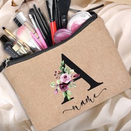 Linen Makeup Bag Customised Personalised Name Cosmetic Bag Bridesmaid Clutch Outdoor Travel Beauty Bachelor Party Lipstick Bag