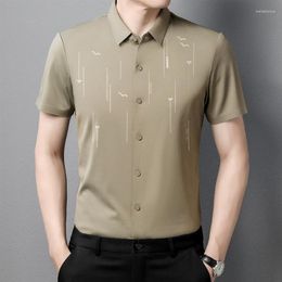 Men's Casual Shirts Summer Fashion Ice Silk T-shirt Short Sleeve Solid Turn-down Collar Striped Business Letter Button Tops