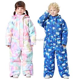 Down Coat Cartoon Kids Jumpsuits One-Piece Winter Snowboarding Wear Waterproof Windproof Outdoor Sports Fleece Girls Boys Hooded Ski Wear HKD230725