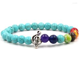 Charm-Armbänder FYJS Einzigartige versilberte Musiknote verbinden 8 mm runde Perlen bunte Stein elastisches Armband Heilung Chakra Schmuck