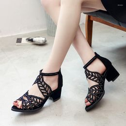Summer Peep Gladiator Women's Sandals Toe Ladies Hollow Out High Heels Shoes Black Crystal Female Pointed Fashion 77