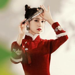 Ethnic Clothing Qipao Red Wine Hanfu Women Autumn Long Sleeve Vintage Cheongsams Traditional Vestido Chino Chinese Year Dress Oriental Robe