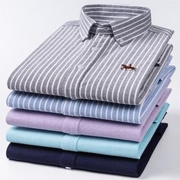 Men's Casual Shirts Men Cotton Oxford Long Sleeve Shirt Plaid Stripe Classic Breathable Pocket Button Workwear