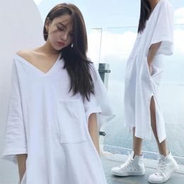 Casual Dresses 2023 Summer Sexy V-neck Solid T-shirt Dress Women Short Sleeves Simple Loose Midi Korean Style Comfortable Robe