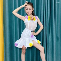 Stage Wear 2023 Girls Latin Dance Competition Dress White Flower Printed Kids Performance Costume SL8700