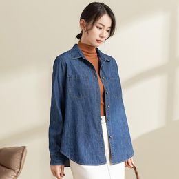 Women's Blouses Casual Blue Jean Soft Denim Tops Long Sleeve Shirt Women Blouse Lady Button Pocket Slim Top Vintage