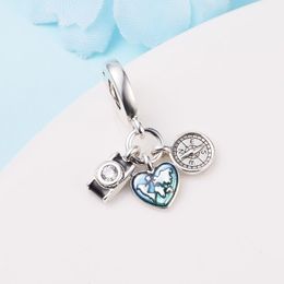 925 Sterling Silver Camera, Heart & Compass Triple Dangle Charm Bead Fits European Pandora Jewelry Charm Bracelets and Necklaces