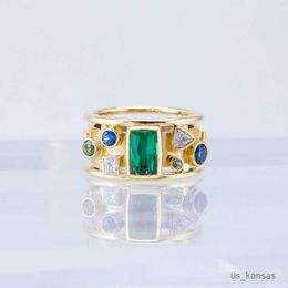 Band Rings Luxury Retro Women Geometric Finger Ring Vintage Party Accessories Green/Blue/White Zircon Stones Female Jewelry New Ring R230725