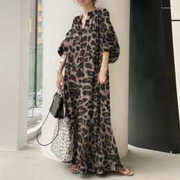 Casual Dresses Women Clothing Dress Spring And Autumn Loose Large Size V Neck Leopard Print Bubble Sleeves Shirt Long