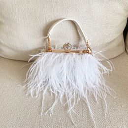 Evening Bags Niche Ostrich Feather Party Clutch Vintage Small Square Box with Long Metal Chain Luxury Designer Women Handbags 230725