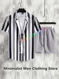 Men s Tracksuits Fashion Hawaiian Strip Print Shirt Set Short Sleeve Button Streetwear Summer Casual Beach Two Piece Outfits Men Sets 230724