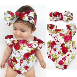 Rompers Cute Floral Romper 2pcs Baby Girls Clothes Jumpsuit Romper Headband 0 24M Age Ifant Toddler born Outfits Set 230724