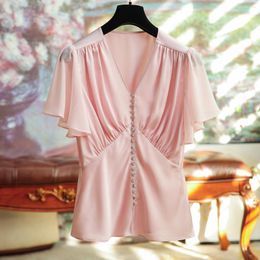 Women's T Shirts Elegant Pleated V-neck Single Drain Drill Buckle Sleeve Slim Top Female 2023 Summer Temperament Formal Clothing