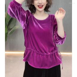 Women's Blouses Autumn Winter Rose Red Velvet Bottoming Blouse Female Korean Long-sleeved Round Collar Tops Pullover T-shirt B270