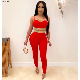 Women's Two Piece Pants Xiktop Sexy Off Shoulder 2 Pieces Sets Diamond Pullover Strapless Skinny Tracksuit Women Party Night Clubwear Outfit