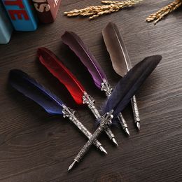 Fountain Pens 1 Set Multicolor Retro Quill Dip Pen Turkey Feather Pen Quill Oblique 5 Nibs Pen Set Gift Writing Tools Office School Supply 230724