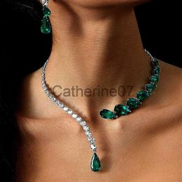 Pendant Necklaces Stonefans Vintage Green Open Necklace Rhinestones Collar Water Droplets Pendant Fashion Crystal Bridal Choker Wedding Jewelry J230725