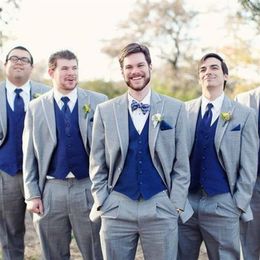 Grey Wedding Groomsmen Tuxedos Classic Style Three Piece Royal Blue Vest Custom Made Groom Men Suits Jacket Vest Pants245U