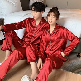 Mäns sömnkläder fast färg Sleepwear Silk Satin Pyjamas Par Set Long Butt-Down Pyjamas Suit Pijama Women Men Loungewear Plus Size PJ Set 230724