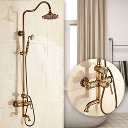 Antique Brass Carving Rainfall Shower Set Faucet Mixer Tap With Tub Faucet Bath Shower Faucet Set Bathtub Faucet