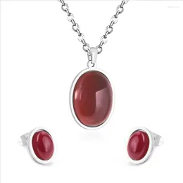 Necklace Earrings Set Stainless Steel Oval Shape Pendant Red Agates Stud For Women Geometric