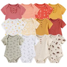 Rompers 2023 Born Bodysuits 6Pieces Baby Girl Clothes Set Cotton Short Sleeve Boy Cartoon Summer Solid Colour Bebes 230724