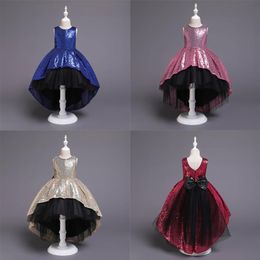 2019 Gold Sequins High Low Designer Kids' Dresses Formal Flower Girl Dress Jewel Sleeveless Big Bow Sash Black Tulle Pageant 292i