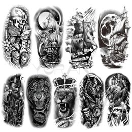 Large Skull Temporary Tattoos For Men Women Realistic Pirate Ship War Tiger Compass Crown Lion Fake Tattoo Stickers Arm Tatoos