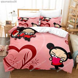 2023 Pucca Bedding Set Cartoon Anime three-piece set Adult Kid Bedroom Duvetcover Sets 3D Kawaii Girls parure de lit 2 personnes L230704