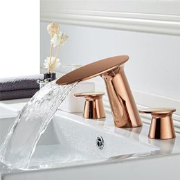 Basin Faucet Brushed Gold Bathroom Sink Faucet Hole Widespread Rose Gold Basin Mixer Hot And Cold Gold Waterfall Tap New