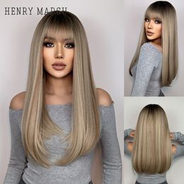 Synthetic Wigs HENRY MARGU Long Straight Synthetic Wigs for Women Natural Brown Blonde Wig with Bangs Heat Resistant Cosplay Party Hair 230725