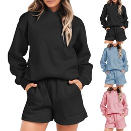 Women's Tracksuits Women Hooded Sweater Shorts Set Long Sleeves Oversize Blouse High Waist Pockets Short Trousers Ladies Solid Color Sports